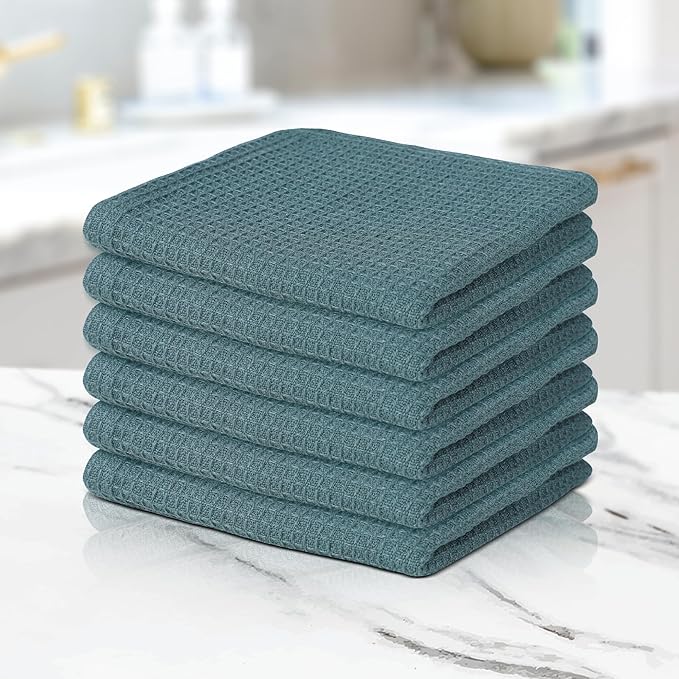 100% Cotton Waffle Dish Cloths (Pack of 6) - Dish Rags for Washing Dishes - Reusable & Highly Absorbent Kitchen Towels - Multipurpose Kitchen Rags - (12" x 12" - Dark Green)
