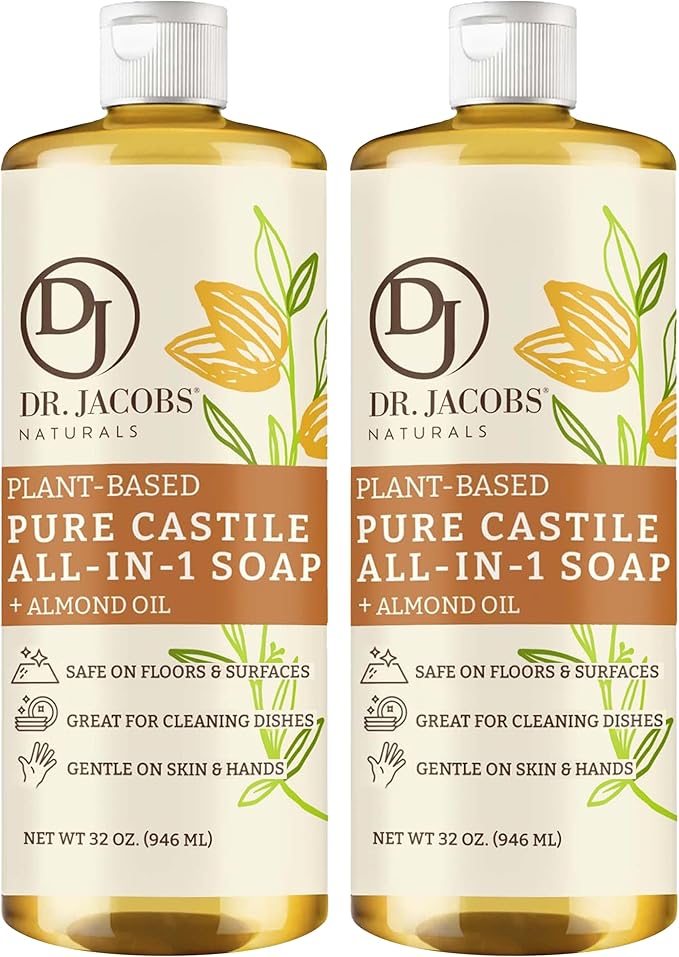 Dr. Jacobs Naturals Almond Castile All-In-One Cleaner and Soap, Effective Plant-Based Formula for House Cleaning Floors & Appliances. Eco-friendly for Home Essentials and the Planet (32 Fl Oz, 2 Pack)