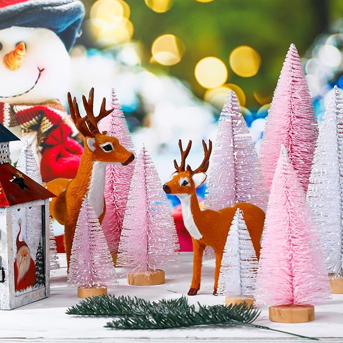 Leyndo 9 Pcs Pink Color Mini Sisal Bottle Brush Trees Small Artificial Christmas Tree with Wood Base Christmas Pine Decor for Home Table Holiday Party Decor