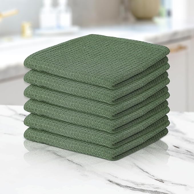 100% Cotton Waffle Dish Cloths (Pack of 6) - Dish Rags for Washing Dishes - Reusable & Highly Absorbent Kitchen Towels - Multipurpose Kitchen Rags - (12" x 12" - Hunter Green)