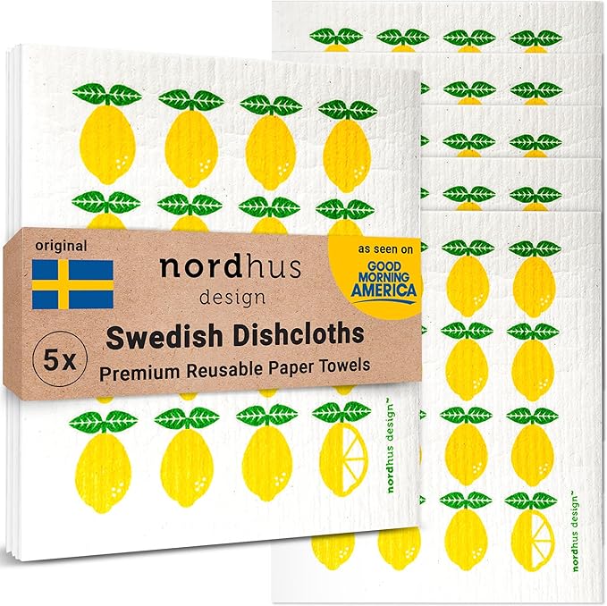 Nordhus Design Lemon Swedish Dishcloths, 5-Pack, Made in Sweden, Reusable, Decorative Cellulose Cotton Kitchen Cloths - Replace Paper Towels, Sponges, Wipes and Dish Rags