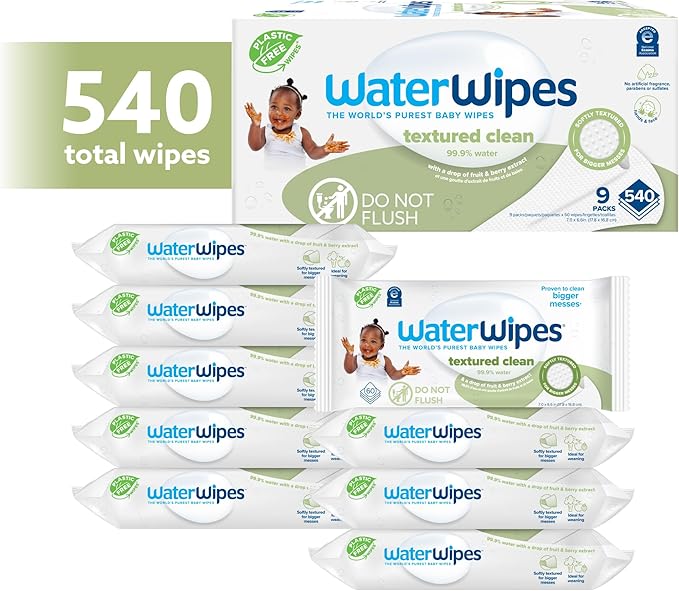 WaterWipes Plastic-Free Textured Clean, Toddler & Baby Wipes, 99.9% Water Based Wipes, Unscented & Hypoallergenic for Sensitive Skin, 540 Count (9 packs), Packaging May Vary