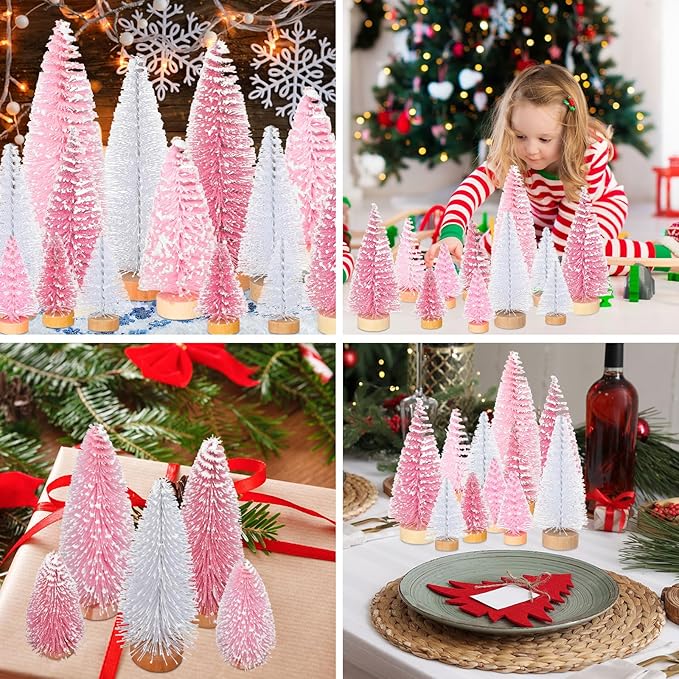 Leyndo 48 Pcs Pink Artificial Mini Christmas Tree Xmas Sisal Bottle Brush Trees with Wood Base Christmas Decor for Xmas Party Table Top Winter Ornaments Home Kitchen Crafts