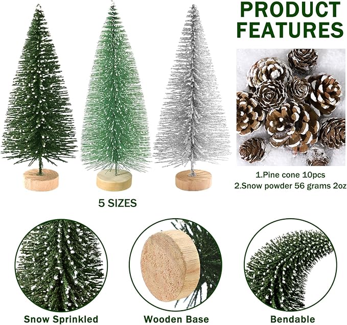 Set of 35PCS Mini Christmas Tree, Christmas Pine Cones, 2oz Fake Snow Powder, Mixed Christmas Decoration, Xmas Village Displays Winter DIY Crafts (Classic Green)