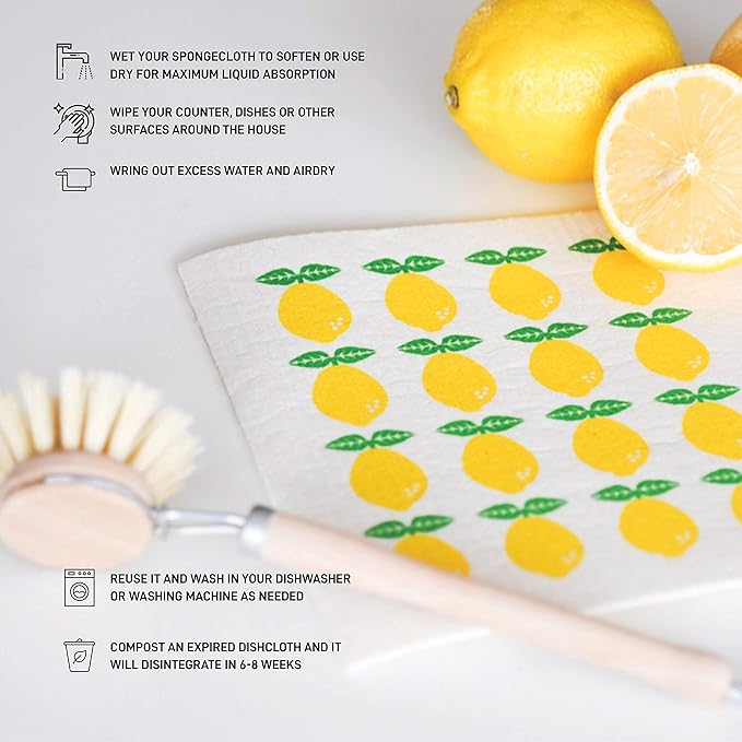 Nordhus Design Lemon Swedish Dishcloths, 5-Pack, Made in Sweden, Reusable, Decorative Cellulose Cotton Kitchen Cloths - Replace Paper Towels, Sponges, Wipes and Dish Rags