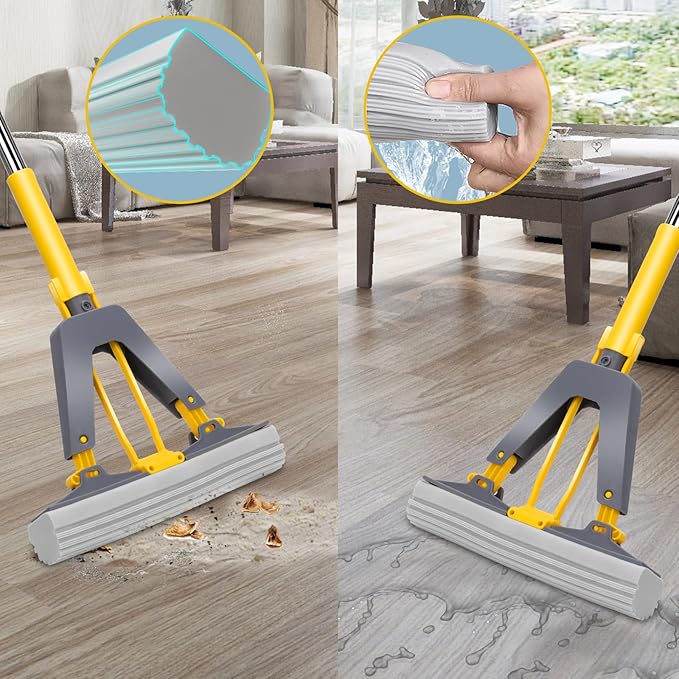 Sponge Mop with Self-Squeeze Feature, Stainless Steel Handle, 3 PVA Absorbent Mop Head Refills, Ideal for Home & Commercial Use on Tile, Floor, Bathroom & Garage
