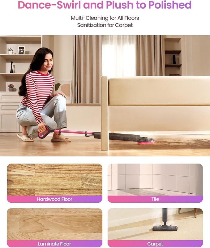 Schenley Steam Mop Cleaner Powerful - 15s Fast Heat-Up, Chemical-Free for Hardwood/Tile/Laminate & Floors/Walls, Washable Pads, 3 Modes for Carpet, Lightweight, Self-Standing, Sleek Design