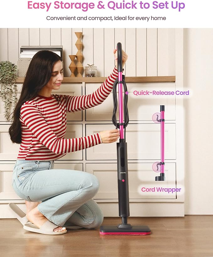 Schenley Steam Mop Cleaner Powerful - 15s Fast Heat-Up, Chemical-Free for Hardwood/Tile/Laminate & Floors/Walls, Washable Pads, 3 Modes for Carpet, Lightweight, Self-Standing, Sleek Design