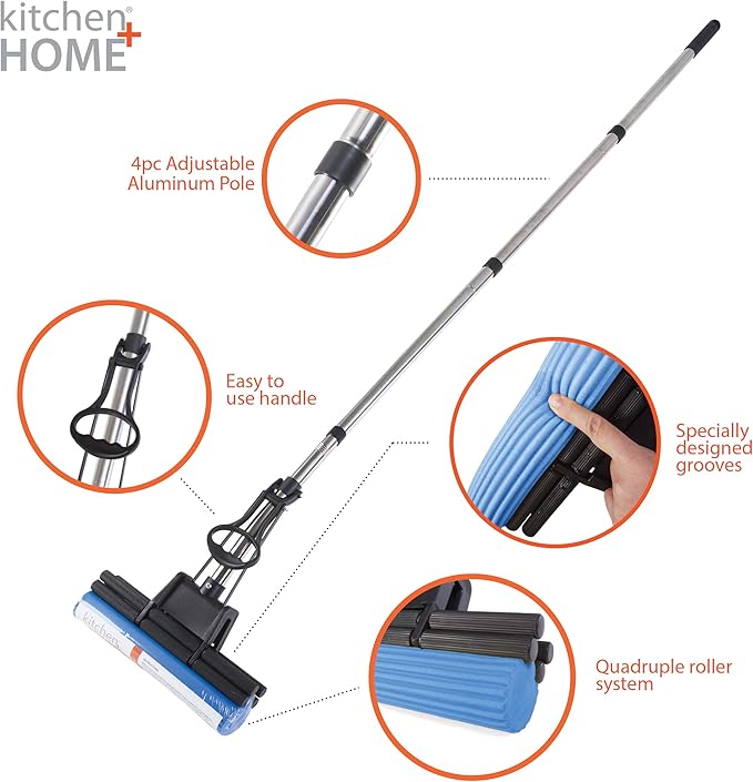 Kitchen + Home PVA Sponge Roller Mop - 11" Quadruple Roller All Purpose Floor Cleaner