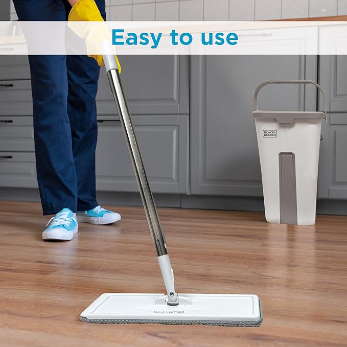 BLACK+DECKER Magic Mop with Bucket, Wet and Dry Chambers, 56" Handle, Washable Microfiber Pads