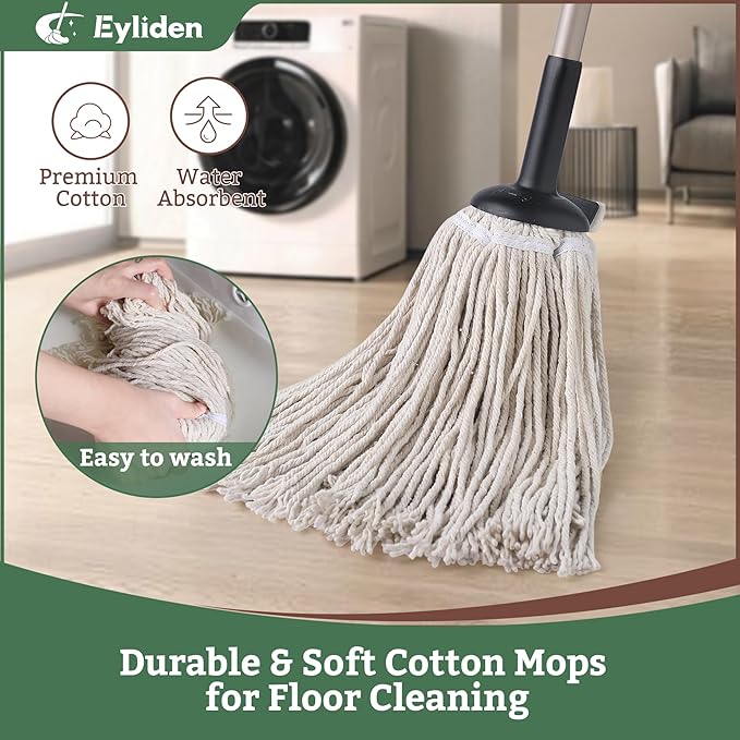 Eyliden Classic Mop with Extra Reusable Cotton Head - Non-Touch Replacement, Adjustable Handle Mops for Wet Dry Floors - All-Surface Safe, Beige