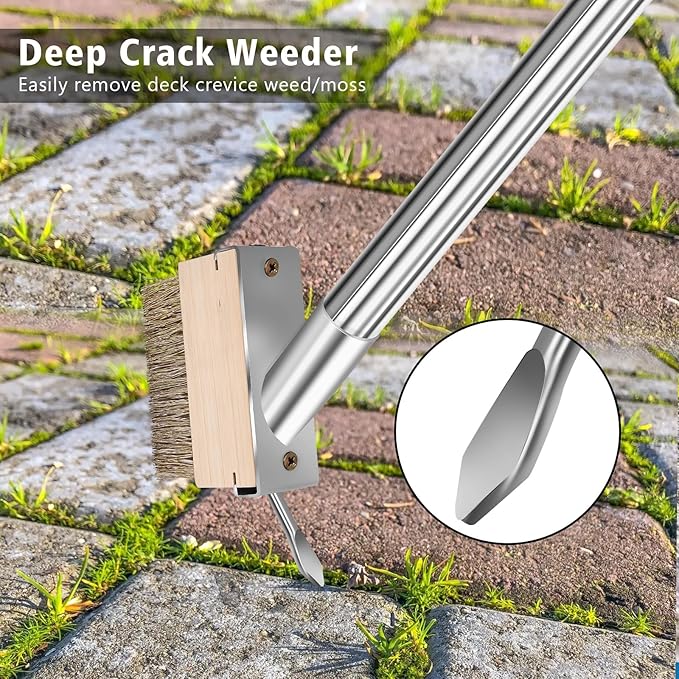 Crack Weeder Brush Heavy Duty Wire Broom Set, Multifunction Moss Grout Remover with Scraper Weed Puller, Detachable 64.9in Handle for Outdoor Deck Pavers Patios Walkways Concrete Floor Cleaning