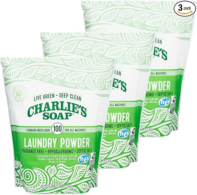 Charlie’s Soap Laundry Powder (100 Loads, 3 Pack) Hypoallergenic Deep Cleaning Washing Powder Detergent – Eco-Friendly, Safe, and Effective