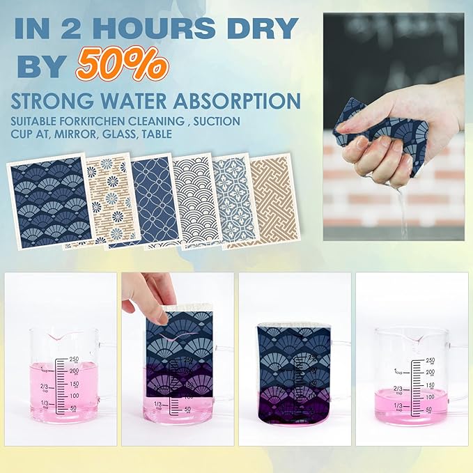 Morigins Wholesale Swedish Dish Cloths - 6 Pack Reusable Compostable Kitchen Cloth,Cellulose Sponge Dish Cloths Dish Towel Set (Japanese)