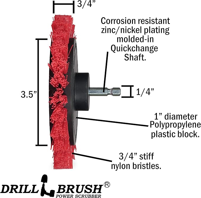 Drillbrush 5 Piece Red Stiff Nylon Cleaning Brush Set - Outdoor Cleaning Scrub Brushes for Cordless Drill - Siding Cleaner Brush Attachment - Deck Scrubbing - Birdbath Cleaner - Gravestone Scrubber