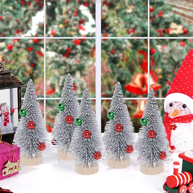 Yookat 12Pcs Mini Christmas Trees Small Sisal Trees Mini Pine Trees with Wood Base Mini Bottle Brush Trees Artificial Mini Christmas Trees Assorted Color for Christmas Winter Decoration (Silver)