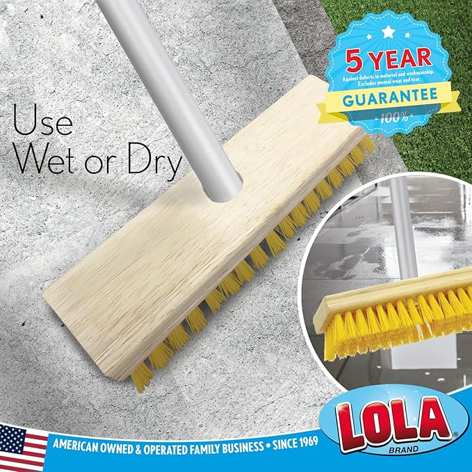 Lola Products Deck Scrub Brush Broom, 9" x 3.5" Wide, Durable Bristles Remove Dirt, Grime, Grout, Leaves, Snow on Patios, Decks, Wet or Dry, 1 Count