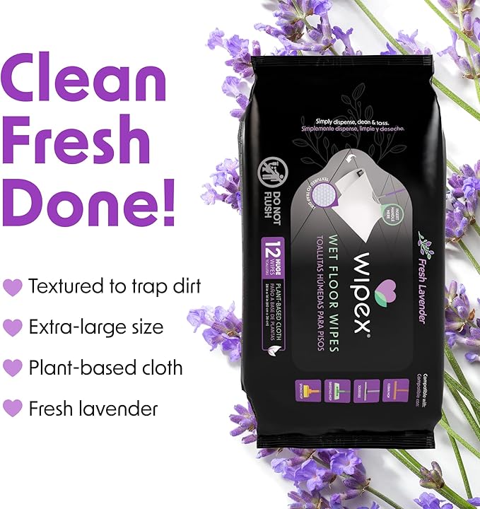 Wipex XL Wet Floor Wipes for Squeegee Stick, Cuban Mop or Sweeping Mop, Plant Based Multi Surface Cleaning Wipes, Lavender Scent, Huge Disposable Wipes (24" x 14"), Extra Thick, 12 Count (Pack of 1)