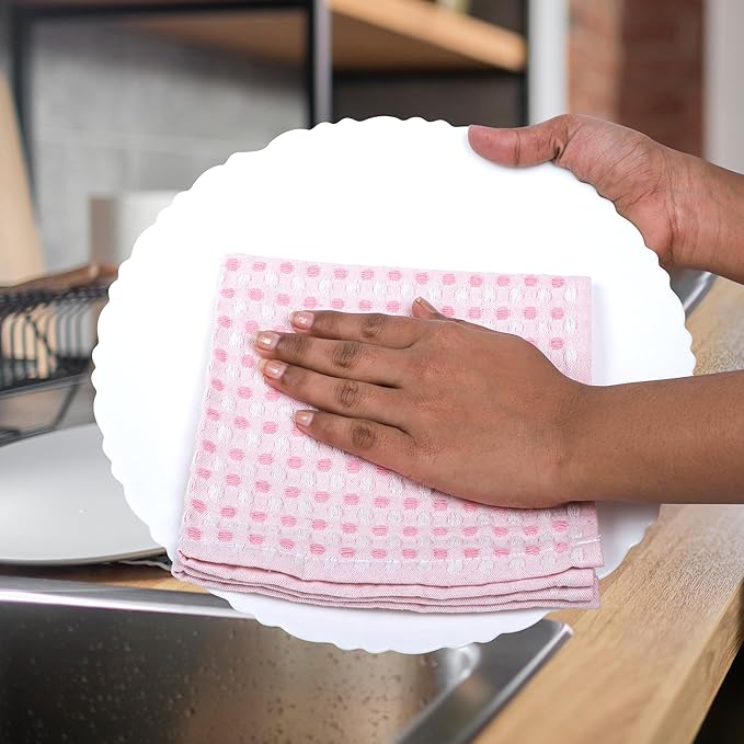 100% Cotton Dish Cloths (Pack of 6) - Dish Rags for Washing Dishes - Reusable & Highly Absorbent Kitchen Towels - Multipurpose Kitchen Rags - (12" x 12" - Pink Honeycomb)