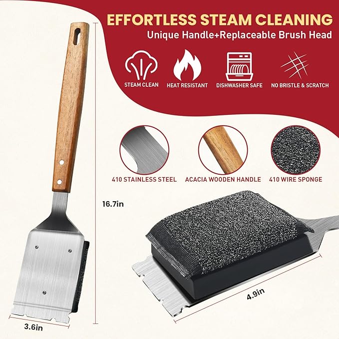 Grill Brush BBQ Cleaner Brush - Barbecue Brush for Outdoor Grill with 1 PCS Replacement Cleaning Head, Grill Cleaning Brush Bristle Free with Stainless Steel Scraper & Wooden Handle for Most Grate