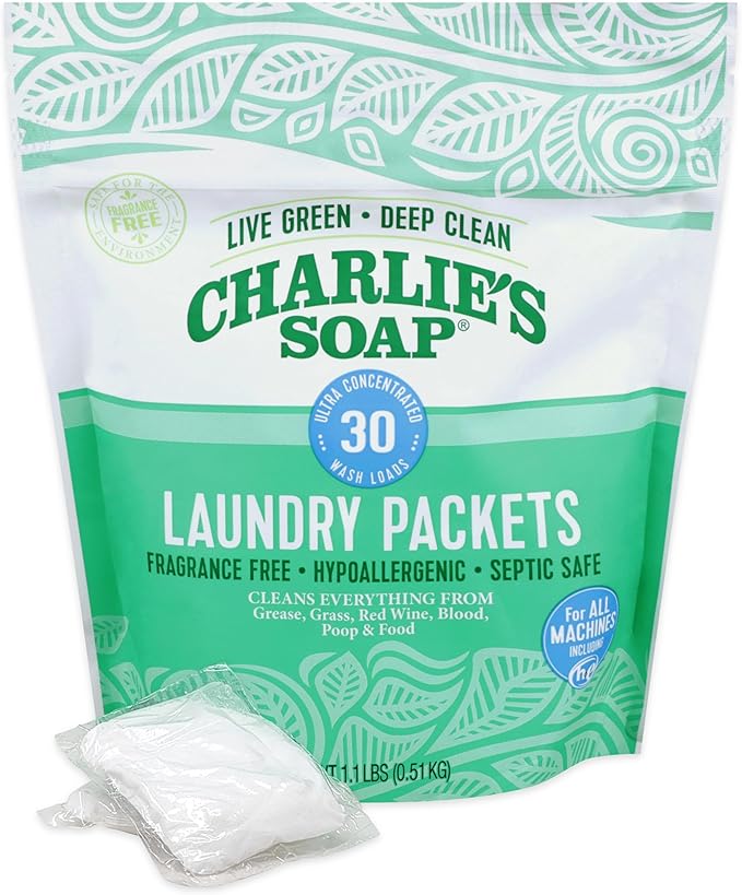 Charlie’s Soap – Fragrance Free Powdered Laundry Detergent Packets – 30 Pods (1 Pack)…