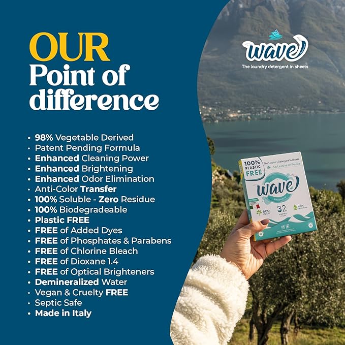 Wave Laundry Detergent Sheets - Scented (32 Loads) - Dissolves Faster & Higher Cleaning Power over competitors - Multi-Purpose Laundry Cleaner - 100% Plastic Free