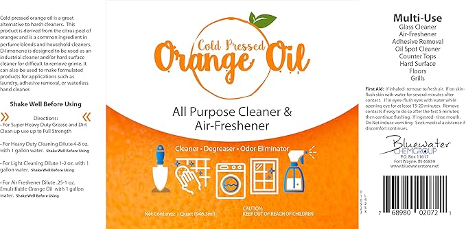 Premium Cold Pressed Orange Oil Concentrate- 32 oz (D-Limonene), Concentrated All-Natural Cold Pressed Orange Oil - Professional Grade All-Purpose Citrus Cleaner and Degreaser