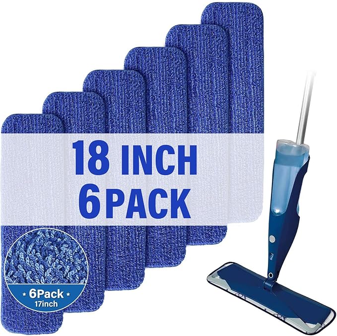 18 inch Mop Pads Refills, 6 Pack Microfiber Reusable Replacement Mop Pads Flat Replacements Heads for Wet Or Dry Floor Cleaning and Scrubbing, Blue Cloth