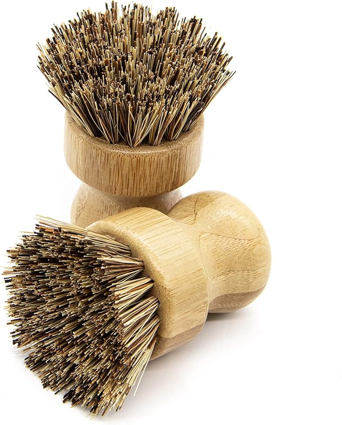 AUEAR, Natural Bamboo Dish Scrub Brush Cleaning Pot Scrubber Brushes Coconut Bristles for Cast Iron Skillet Pots Pans (2-Pack, Deep Color)