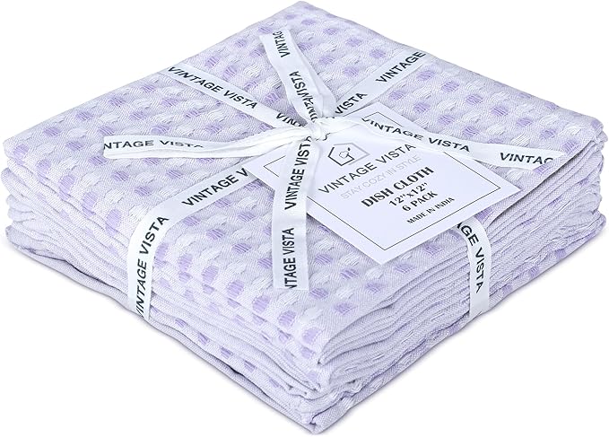 100% Cotton Dish Cloths (Pack of 6) - Dish Rags for Washing Dishes - Reusable & Highly Absorbent Kitchen Towels - Multipurpose Kitchen Rags - (12" x 12" - Purple Honeycomb)