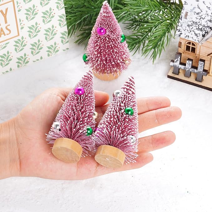 Yookat 12Pcs Mini Christmas Trees Small Sisal Trees Mini Pine Trees with Wood Base Mini Bottle Brush Trees Artificial Mini Christmas Trees Assorted Color for Christmas Winter Decoration (Pink)