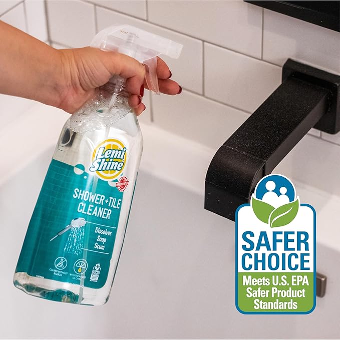 Lemi Shine Shower + Tile Cleaner | Removes Soap Scum & Hard Water Stains | Bathroom Cleaner Spray for Tub, Shower, Sink, and Tile Cleaning | Powered By Citric Acid | Fresh Lemon Scent, 28 oz. (3 Pack)