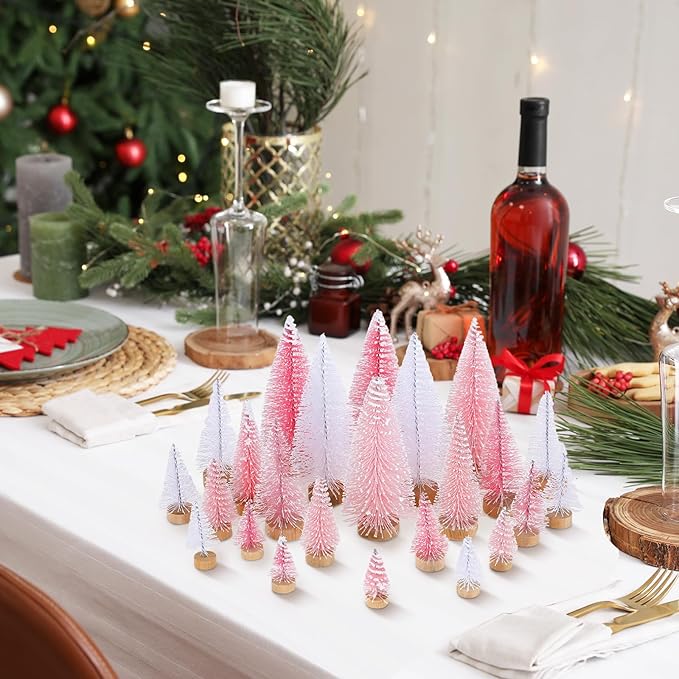 Leyndo 24 Pcs Pink Artificial Mini Christmas Tree Xmas Sisal Bottle Brush Trees with Wood Base Christmas Decor for Xmas Party Table Top Winter Ornaments Home Kitchen Crafts
