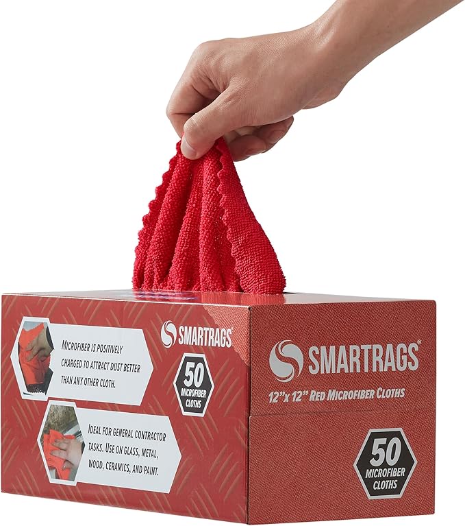 Arkwright Smart Rags in Box - (Pack of 50) Lint Free Microfiber Cleaning Cloth, Scratch & Streak-Free, Dispensable Wash Towels for Cars, Window Glass, and Auto Shop, 12 x 12 in, Red