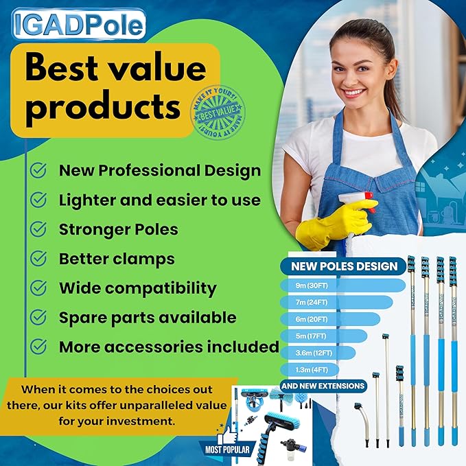 24ft IGADPole Washing Kit: Water-fed Brush, Cobweb Duster and 10” Squeegee and Soap Dispenser, with 6-Stage Telescoping Pole 5-24ft Pole