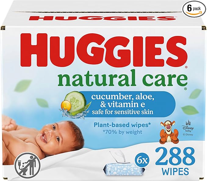Huggies Natural Care Cucumber, Aloe and Vitamin E Baby Wipes, Hypoallergenic, Scented, 6 Flip-Top Packs (288 Wipes Total), Packaging May Vary