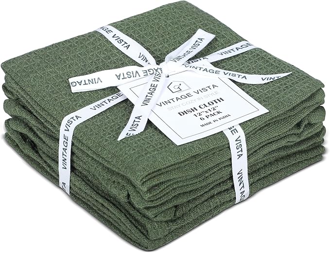 100% Cotton Waffle Dish Cloths (Pack of 6) - Dish Rags for Washing Dishes - Reusable & Highly Absorbent Kitchen Towels - Multipurpose Kitchen Rags - (12" x 12" - Hunter Green)