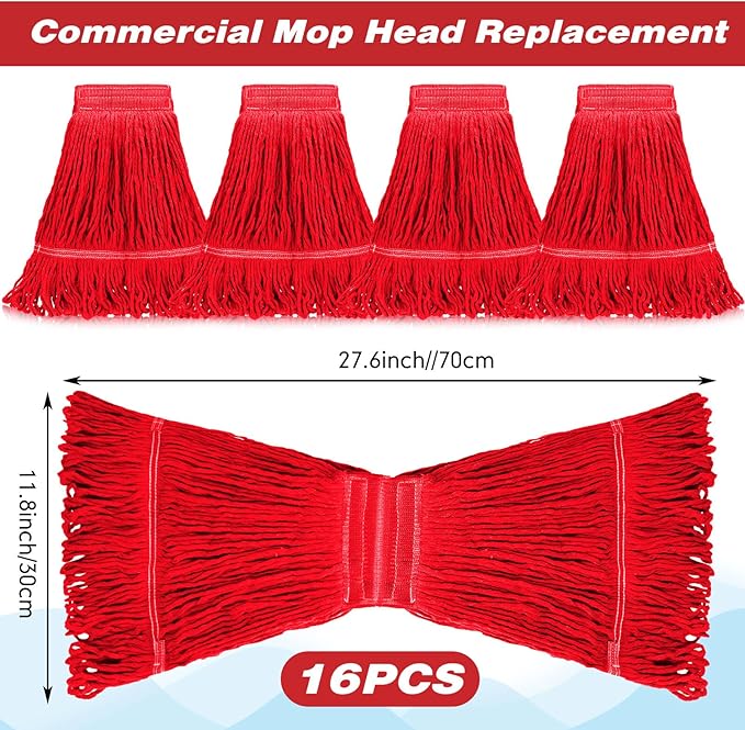 Roshtia 16 Pack Commercial Mop Head Replacements Looped End Wet Heavy Duty Mop Heads Cotton String Mops Industrial Cleaning Refills for Commercial Industrial Home(Red)