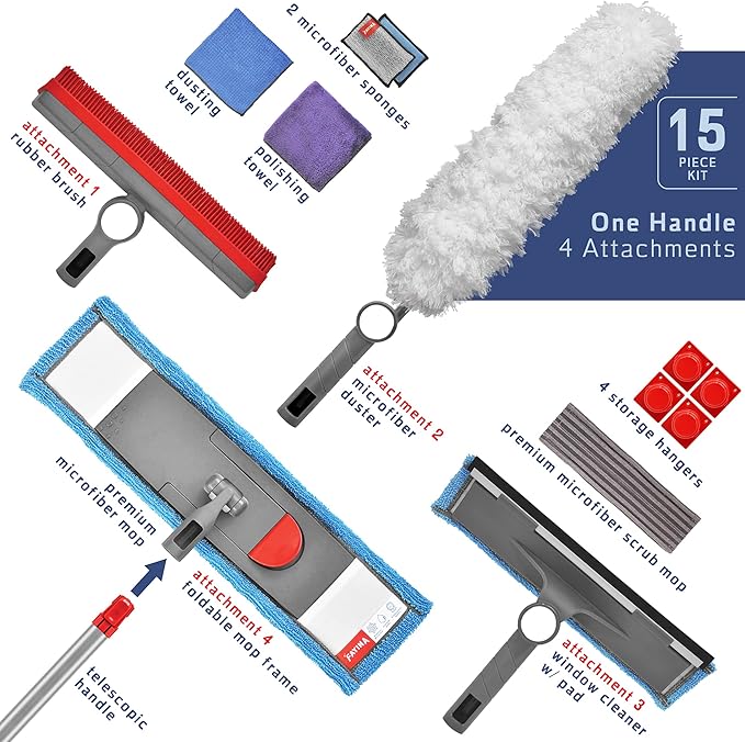 Ultimate Cleaning System Kit - Wet Flat Floor Mop, Rubber Brush, Microfiber Duster, Window Cleaner w/ Squeegee, 2 Microfiber Cloths and 2 Dish Sponges