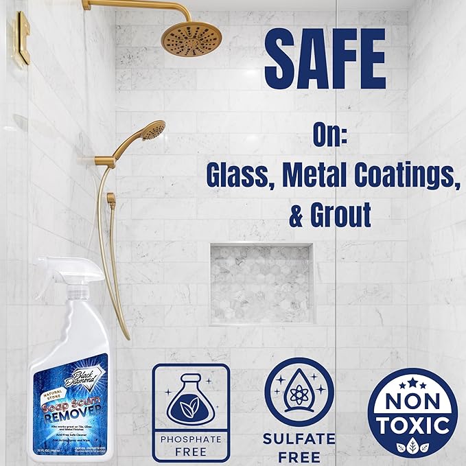 Black Diamond Stoneworks Natural Stone Shower Soap Scum Remover Spray. For Cleaning Bathtubs, Glass Doors, Tubs, Travertine, Marble, Tile. Heavy Duty, Safe Acid-Free Cleaner. Safe for fixtures.