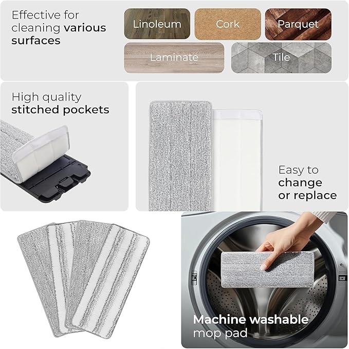 Mop and Bucket with Wringer Set, Durable Flat Squeeze Mop Bucket Set for Floor Cleaning, Wet Dry Mop with 56 inch Long Handle, All Type Floor Mop and Window with 4 Premium Microfiber Pads
