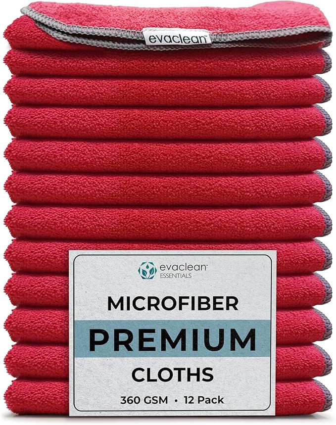 EvaClean Premium Microfiber Cleaning Cloth 16"x16" - Reusable, Washable, Non-Scratch, Microfiber Towels for Cleaning, Dusting, Polishing, High Absorbency & Durability, Red, 12-Pack