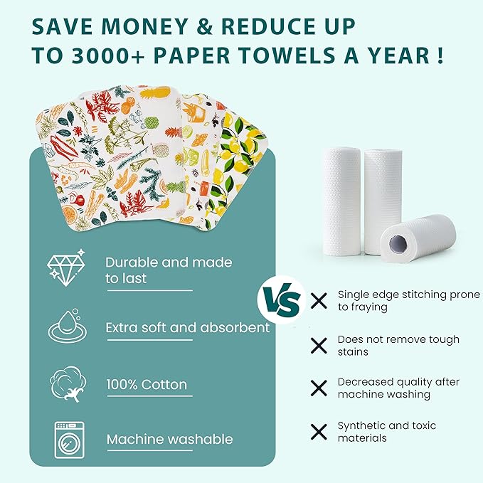Reusable Paper Towels Washable, Pack of 12 Paperless Kitchen Towels Roll - Surprise Prints, Super Soft Eco Friendly Cotton Cloth