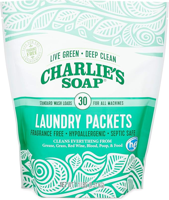 Charlie's Soap - Unscented Powdered Laundry Packets 30 Count (2 Pack 60 Total Loads)