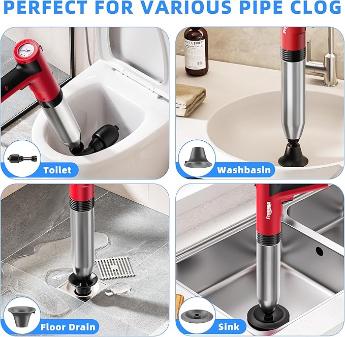 FREESEA Electric Toilet Plunger Blaster: High Pressure Toilet Plungers for Bathroom Heavy Duty Declogger Toilet Snake Drain Clog Remover Air Unclogger Tool Unclogging for Sink Floor Kitchen Clogged