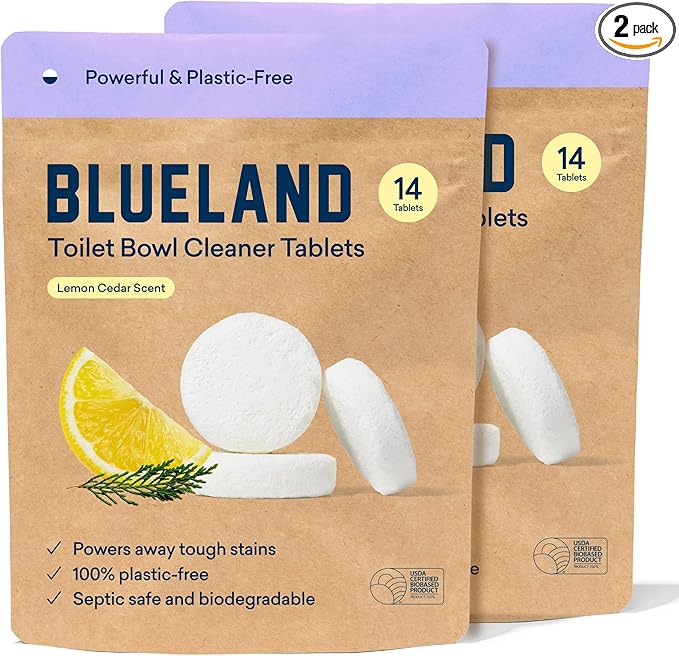 BLUELAND Toilet Bowl Cleaner Tablets, 28 Count, Lemon Cedar, Plastic-Free, No Harsh Chemicals, Plant-Based
