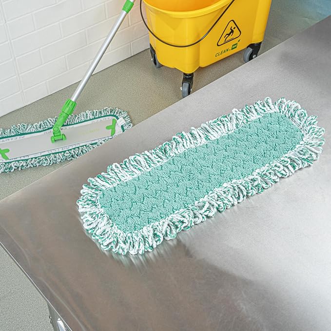 Restaurantware-Clean Tek Professional Dry Sweeping Mop Pad, 1 Dust Pad with Fringe - Mop Frame and Handle Sold Separately, Hook & Loop System, Green Microfiber Reusable Mop Pad, Zig Zag Pattern