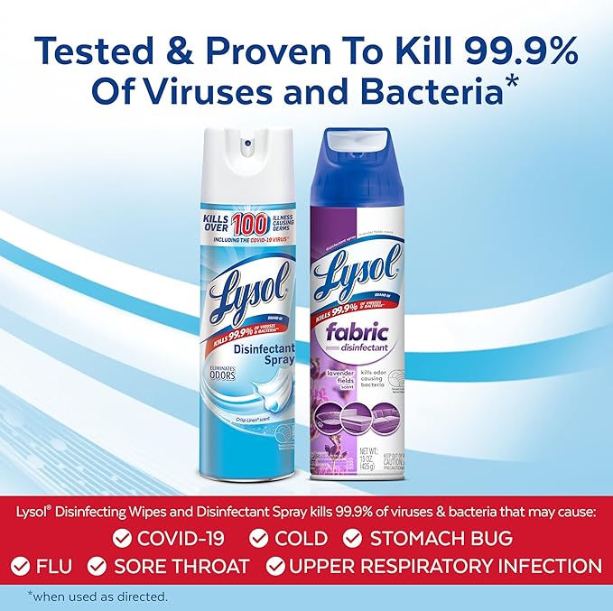 Lysol Disinfectant Wipes 80ct (Pack of 4) Disinfectant Spray, Crisp Linen, 19oz (Pack of 2) Fabric Disinfectant Spray, Lavender Fields, 15oz