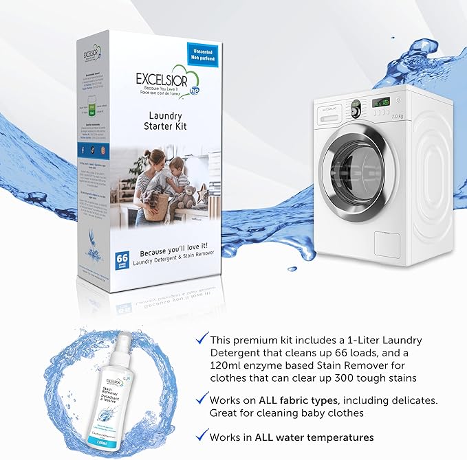 Excelsior - HE Liquid Laundry Detergent with Natural Stain Remover for 66 Loads - Unscented - 1 Liter Eco-friendly Laundry Detergent Starter Pack (1 Pack)