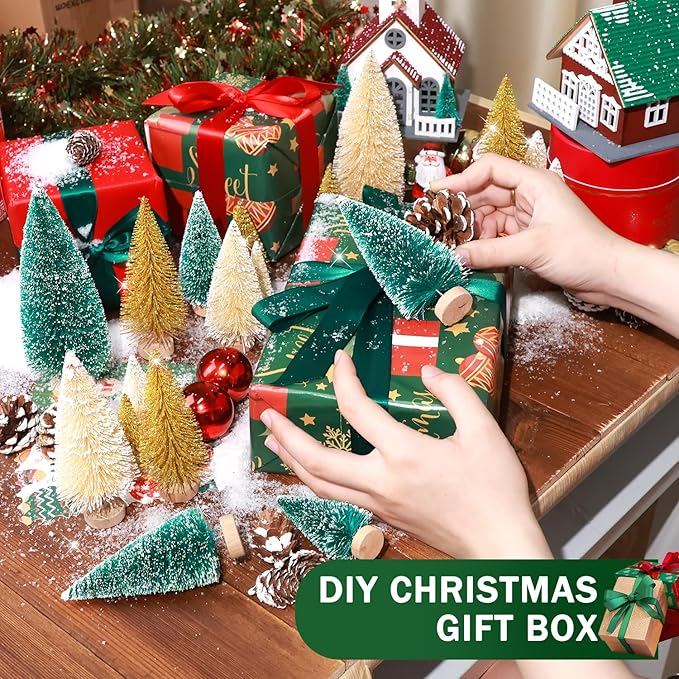 Set of 35PCS Mini Christmas Tree, Christmas Pine Cones, 2oz Fake Snow Powder, Mixed Christmas Decoration, Xmas Village Displays Winter DIY Crafts (Green-Golden-Beige)
